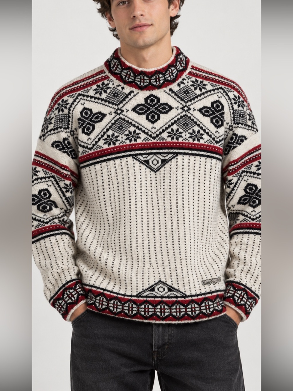 Campagnolo Men’s M Wool Blend Nordic Fair Isle Ski Sweater Ivory Red Black